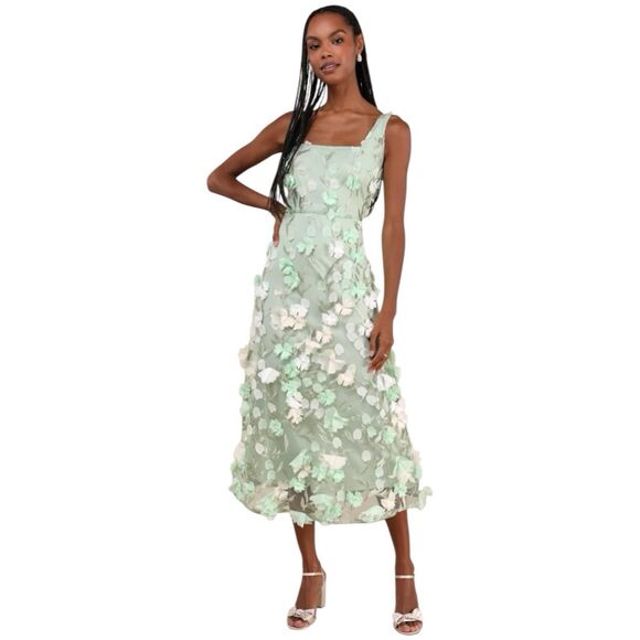 Lulus Midi Dress Womens XL Elite Cutie Embroidered Mint Green Cottage Fairy NWT - Picture 1 of 13